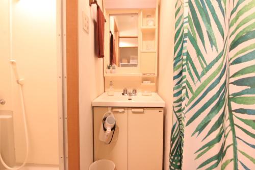 La petite salle de bains est pourvue d'un lavabo et d'un miroir. dans l'établissement Minoshima apartment 703, à Fukuoka