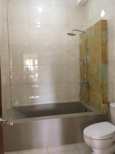 a bathroom with a tub and a toilet and a shower at Tasik Dumun Homestay and Waroeng in Amed