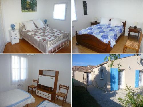 Quatre photos différentes d'une chambre avec deux lits et d'une chambre dans l'établissement mamaisonaoleron 3ch-6pers calme terrain clos OLERON, à Grand-Village-Plage