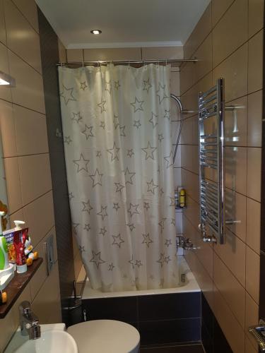 a bathroom with a shower curtain with stars on it at VILLA BY THE SEA VRAVRONA LOUTSA(NEAR THE AIRPORT&METROPOLITAN) in Athens