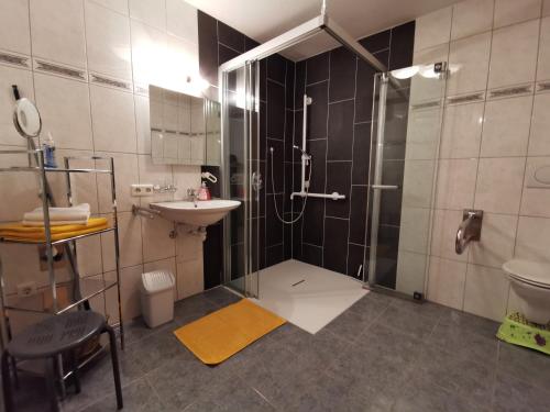 a bathroom with a shower and a sink at Zauscherhof in Wildermieming