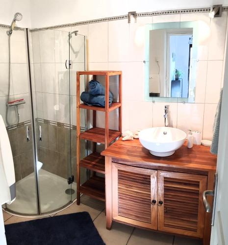 une salle de bain avec un lavabo et une douche dans l'établissement T2, parking privé, clim, 5min à pied du centre ville, à Martigues