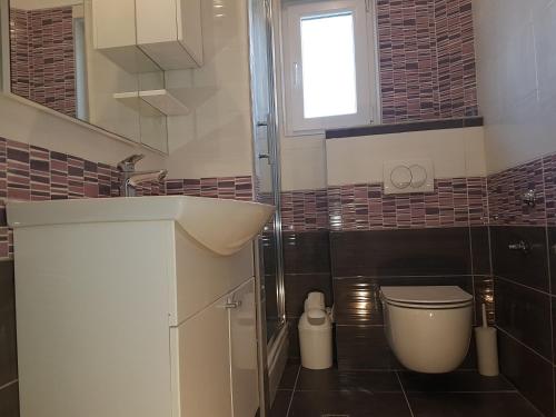ein Bad mit einem Waschbecken, einem WC und einem Fenster in der Unterkunft Apartmani Zorzo in Ljubač