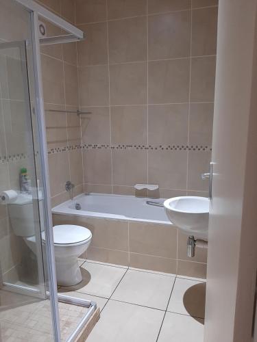 a bathroom with a toilet and a tub and a sink at Whale Rock in Margate