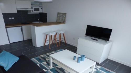 un salon avec une télévision et une cuisine dans l'établissement STUDIO QUAIS 2 Les MINIMES, à La Rochelle
