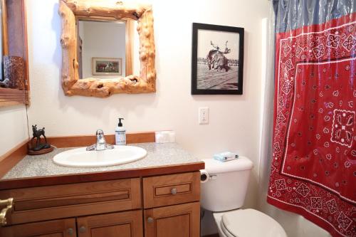 a bathroom with a sink and a toilet and a mirror at THE INN Bigfork Bay in Bigfork
