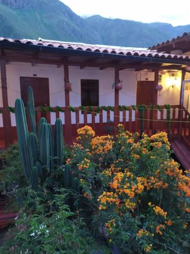 a garden in front of a house with a cactus at Eureka Lodge in Ollantaytambo
