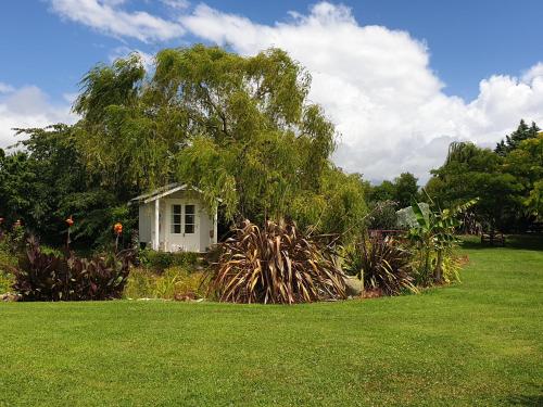 a small white house in a field with a tree at Cabins on Tudor bed & breakfast in Motueka
