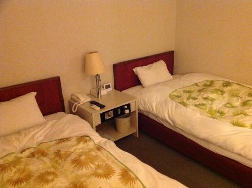 唐津市にあるJyonai Hotelのベッド2台、テーブル、電話が備わる客室です。