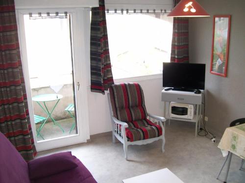 un salon avec une chaise et une télévision dans l'établissement studio ensoleillé, à Gérardmer