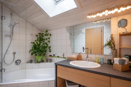 a bathroom with a sink and a tub and a mirror at Appartement Anna in Zell am Ziller