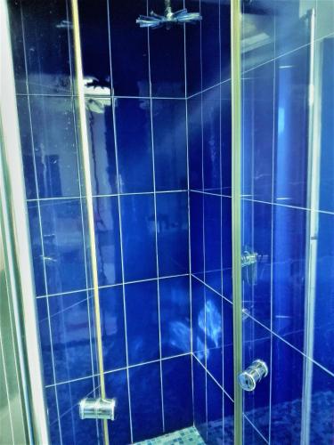 a blue tiled shower with a glass door at Only for two Giumbabulla in Ragusa