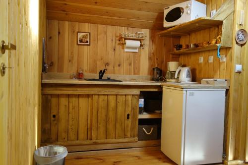 Adu-Jaani Kodumajutus في Mätja: مطبخ بجدران خشبية وثلاجة بيضاء