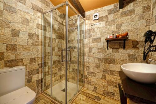a bathroom with a shower and a toilet and a sink at Hotel Tejera del Nalon in Soto del Barco