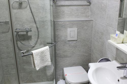 a bathroom with a shower and a toilet and a sink at Hotel Bakarni Lonac in Brčko