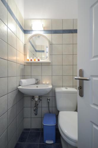 a bathroom with a toilet and a sink and a mirror at Bernie House in Mélanes