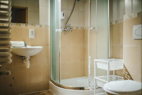 une salle de bain avec douche et lavabo dans l'établissement Willa Widokowa Wojnar, à Zakopane