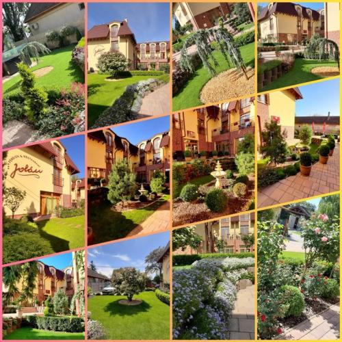 a collage of pictures of houses and gardens at Jolán Pension & Restaurant in Číčov