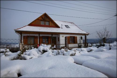 a house covered in snow in front at Kaláris Vendégház in Hollókő