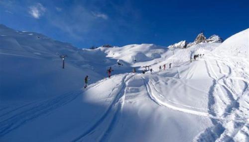 a group of people skiing down a snow covered slope at Cervus in Passo del Tonale