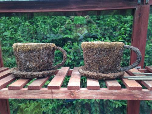 two baskets filled with bird nests sitting on a bench at Hewletts Mill in Castle Cary