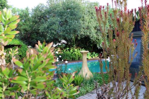 a garden with a large vase sitting next to a pool at Ukarimu Guest House in Klerksdorp