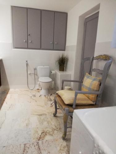 La salle de bains est pourvue de toilettes et d'une chaise. dans l'établissement Stargazer Studio, à Saint-Chamassy