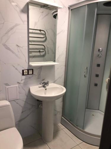 a bathroom with a sink and a shower at LUXflats Rivne in Rivne