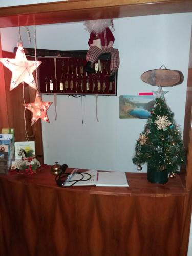a desk with a christmas tree on top of it at Pension Cecilie in Braunlage