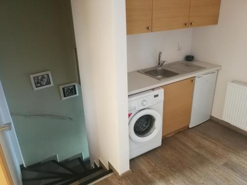 a small kitchen with a washing machine and a sink at Amoutsa Seaside Villa in Kolymvari