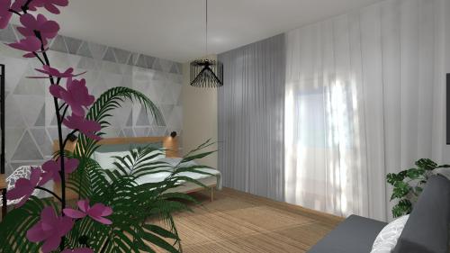 a rendering of a living room with purple flowers at Aethon Airport Project-FREE SHUTTLE by GK Properties in Markopoulo