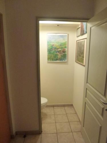 uma casa de banho com WC e uma pintura na parede em Central Montgaillard em Saint-Denis