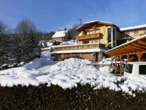 a house with a pile of snow in front of it at Penzión Stefanshof in Kremnica