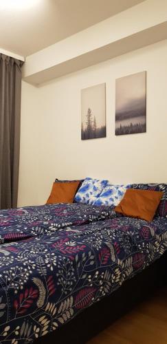 a bedroom with a bed with a colorful blanket at Apartment in City - Antinkatu in Pori