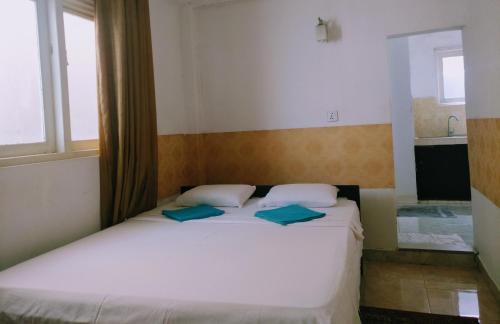 a bedroom with a white bed with two blue pillows at Villa Two Residence in Mount Lavinia