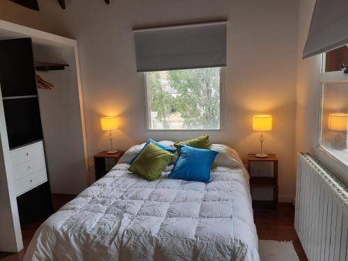 - une chambre avec un lit doté d'oreillers bleus et verts dans l'établissement Alto Labrador Apartment, à El Calafate
