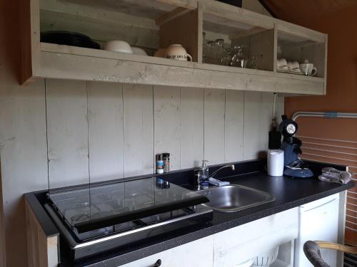 a kitchen with a sink and a counter top at Glamping tent Romala in Kiel
