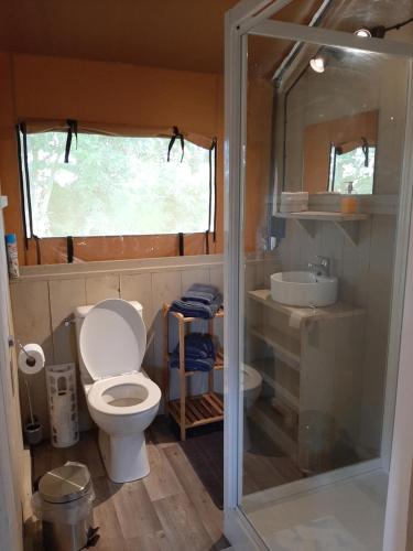a small bathroom with a toilet and a sink at Glamping tent Romala in Kiel