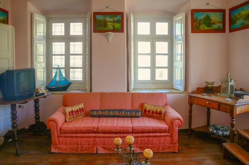 a living room with a couch and a tv at Villa Spetses in Spetses
