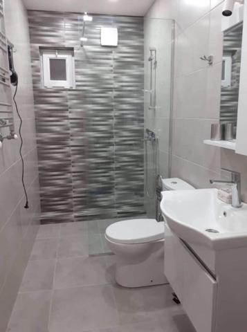 a bathroom with a toilet and a shower and a sink at Tea Apartment in Bakuriani