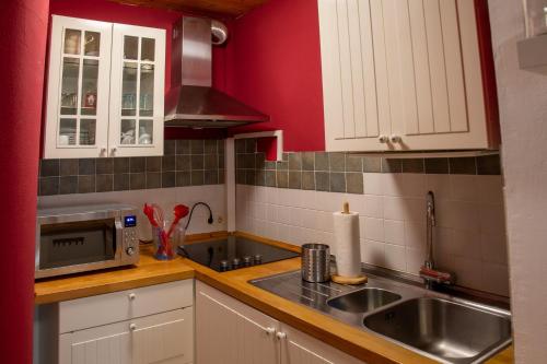 a kitchen with a sink and a microwave at Haus am Römerbad in Bad Kleinkirchheim
