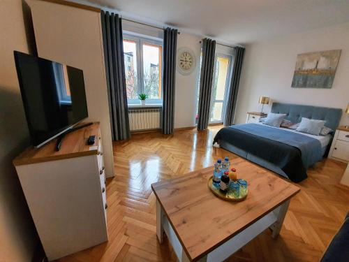ハイヌフカにあるApartament Basiaのリビングルーム(ベッド1台、テーブル、テレビ付)