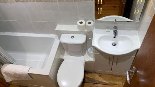 een badkamer met een wit toilet en een wastafel bij Penthouse 3 - Spacious Harbourside Apartment with Stunning Sea Views in Penzance