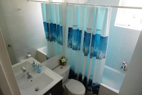 a bathroom with a toilet and a sink and a shower at Hermoso y nuevo departamento en Algarrobo Norte in Algarrobo