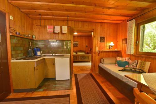 uma cozinha e sala de estar com um sofá numa cabina em Ferienwohnung Waldheimat 2 em Bayerisch Eisenstein