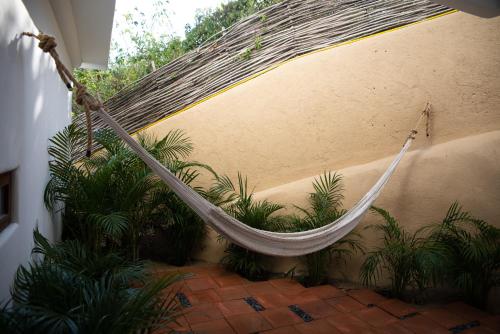 a hammock hanging from the side of a building at El Alquimista Yoga Spa in Zipolite