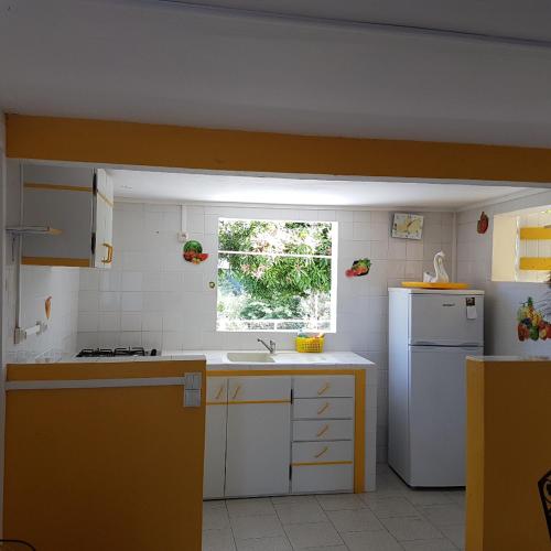 una pequeña cocina con fregadero y ventana en Villa Soleil DZ, en Baillif