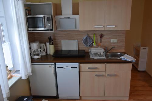 uma pequena cozinha com um lavatório e um micro-ondas em Ferienwohnung Werner em Annaberg-Buchholz