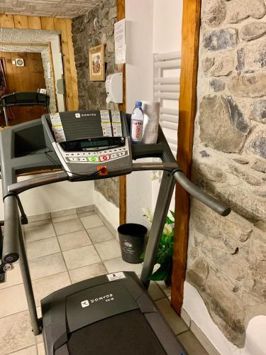 a treadmill in a room with a stone wall at Hameau des Prodains - Hôtel in Morzine