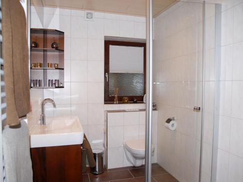 a bathroom with a toilet and a sink and a shower at Pension Weiß in Hohenwarth